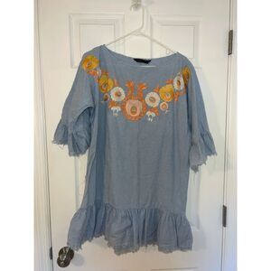 Zara Blue Gingham Floral Embroidered Oversized Tunic Top/Dress-Size M